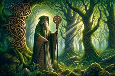 A painting of a wizard in a forest
Description automatically generated