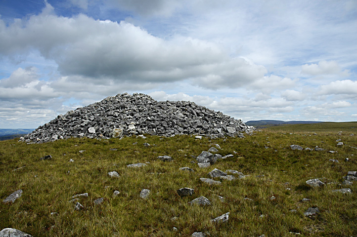 A pile of rocks in a field with Grey Cairns of Camster in the background
Description automatically generated