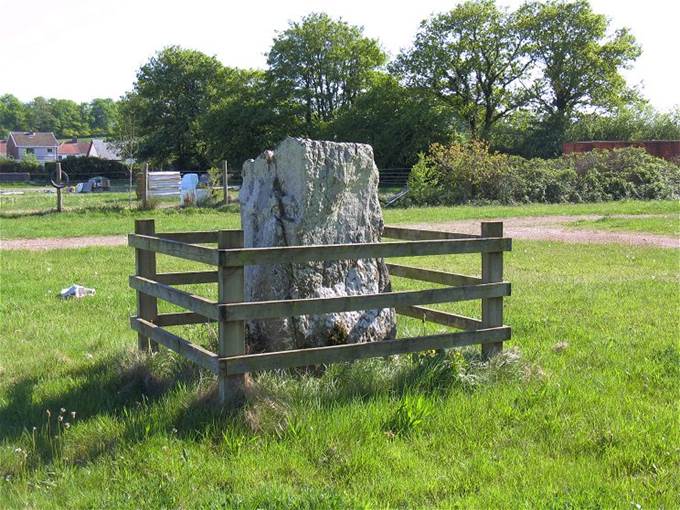 A large rock in a fenced in field
Description automatically generated